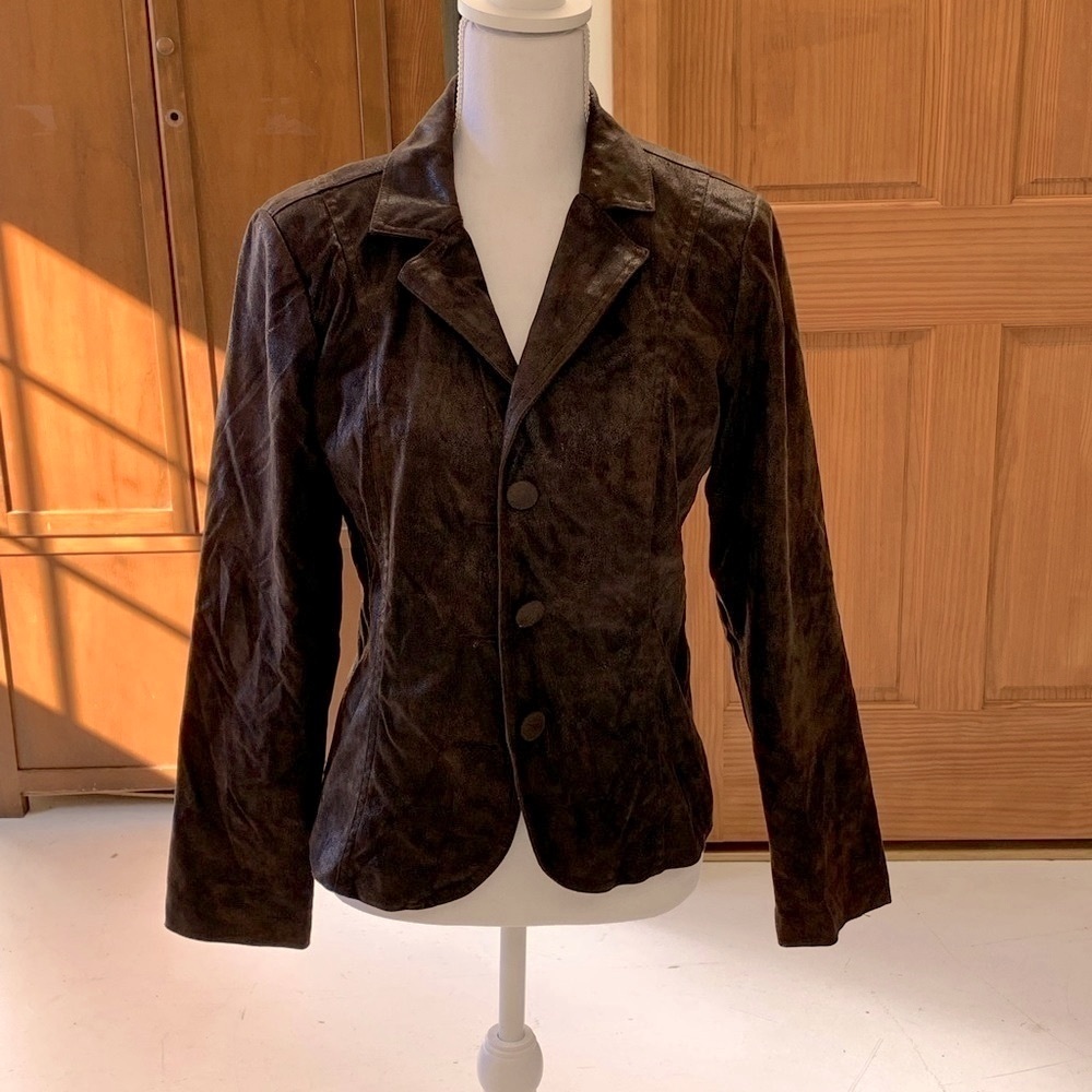 BAMBOO TRADERS faux leather blazer brown small spot on back see pic
